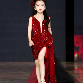 儿童晚礼服新款红色亮片女童模特走秀小女孩中大童演出服厂家货源