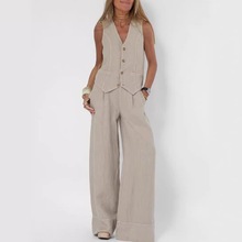 2025欧美跨境热卖新款时尚马甲阔腿长裤拼贴拼接棉麻休闲两件套装