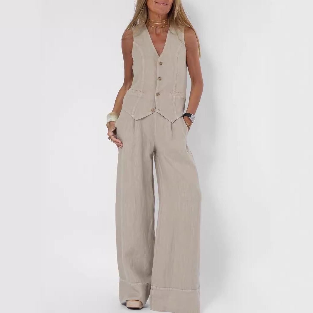 2025欧美跨境热卖新款时尚马甲阔腿长裤拼贴拼接棉麻休闲两件套装