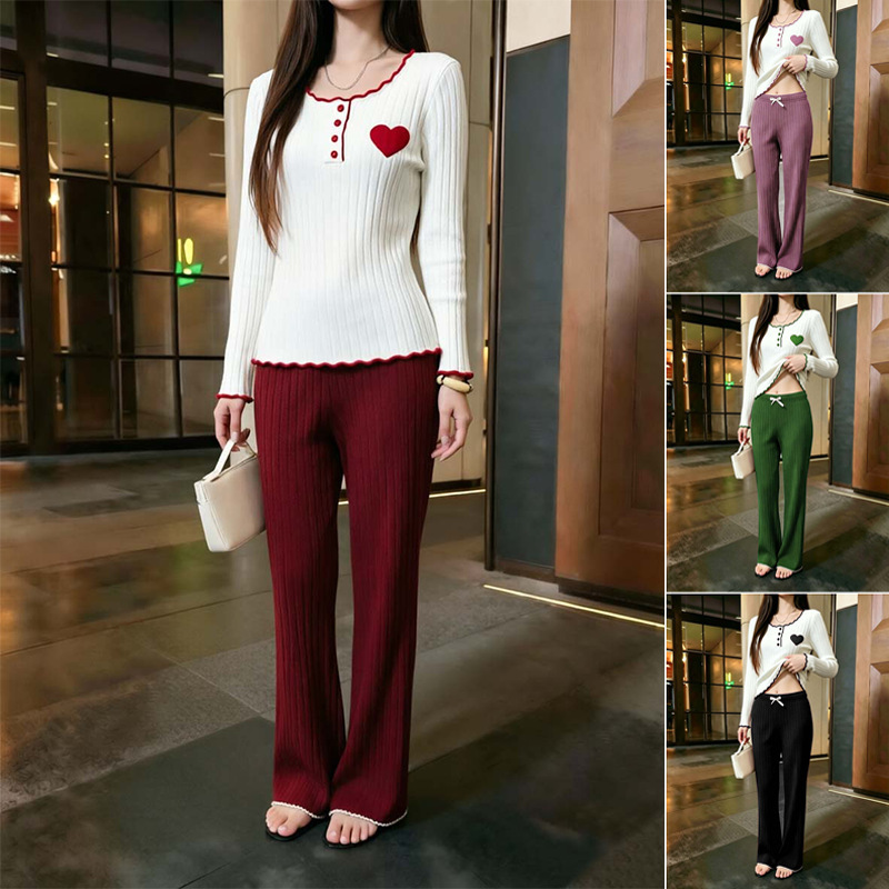 Autumn and winter European and American foreign trade best-selling cross-border pajamas, fleece ribbed with heart embroidery, long-sleeved and long-pant, can be worn as home clothes Autumn and winter European and American foreign trade best-selling cross-border pajamas, fleece ribbed with heart embroidery, long-sleeved and long-pant, can be worn as home clothes