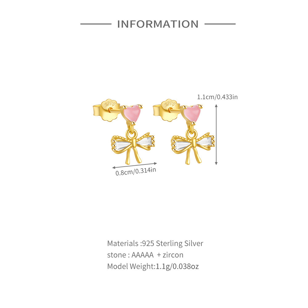 1 Pair Simple Style Heart Shape Bow Knot Plating Sterling Silver Zircon Ear Studs display picture 3
