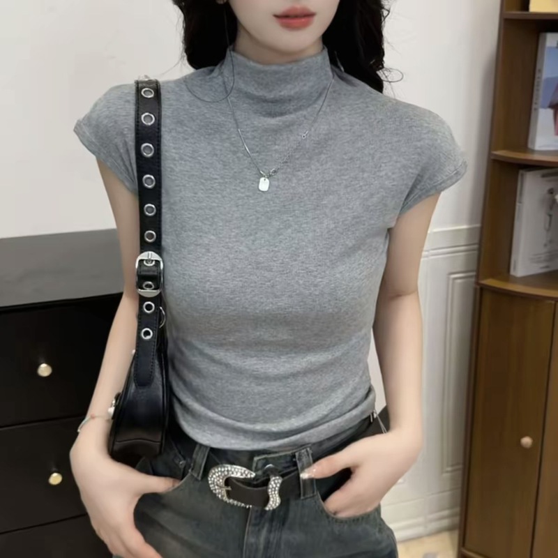 2025秋冬新款韩版百搭飞飞袖短款修身酱紫T恤女立领打底衫上衣潮|undefined