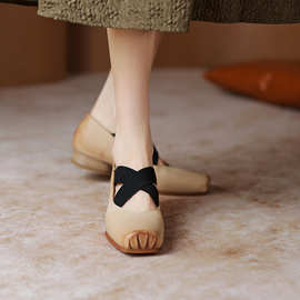 新品芭蕾舞风交叉松紧带低粗跟方头浅口女鞋全皮复古做旧猪鼻鞋