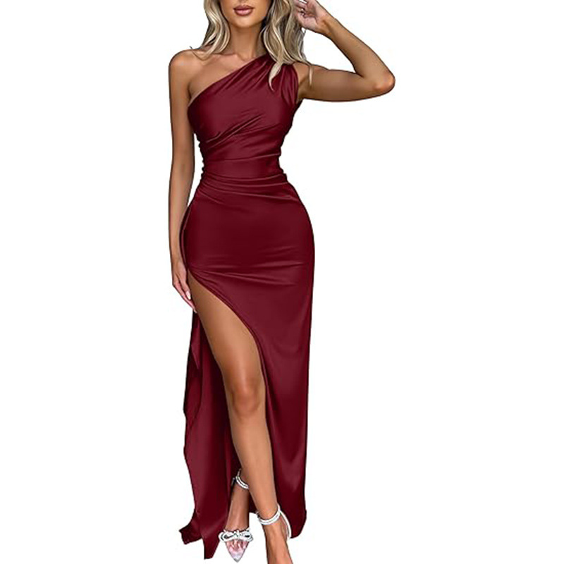 Amazon Foreign Trade Women's Sexy One Shoulder Satin High Slit Cocktail Evening Dress Wedding Party Prom Long Dress
