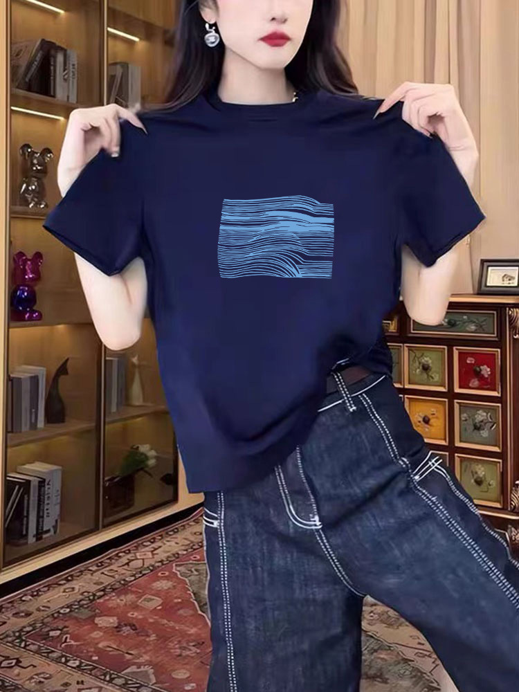 2026 New Style Pure Cotton Short-Sleeve T-Shirt for Women, Fashionable and Versatile, Navy Blue Round Neck Top for Summer