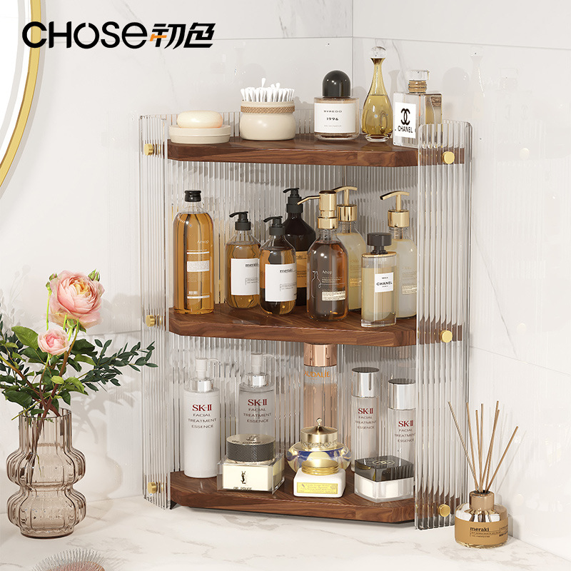 Esquina de pared personalizada estante triangular de madera maciza lavabo de baño cosméticos esquina de baño estante de almacenamiento de acrílico