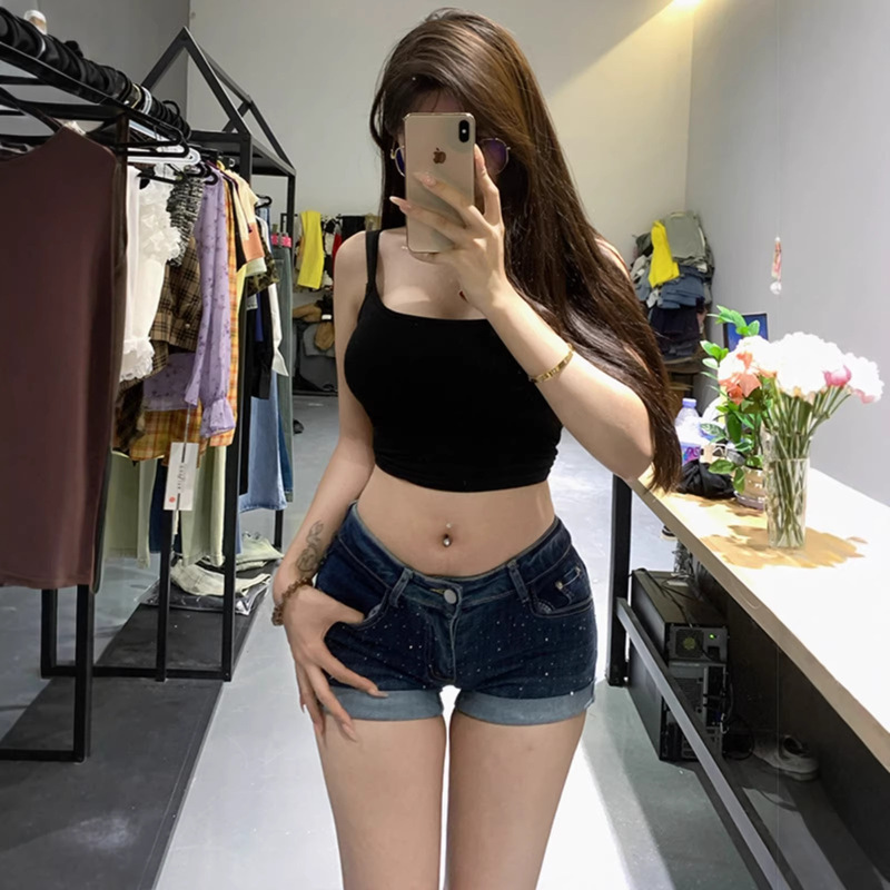 Dark Blue Rhinestone-Embellished Rolled-Edge Denim Ultra-Short Shorts for Women, New Summer Style, Stretchy Low-Waist Sexy A-Line Hip-Hugging Hot Pants