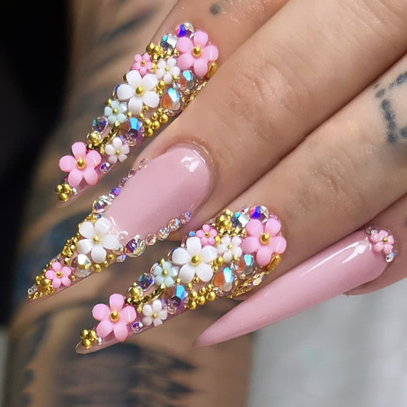 European and American Pink Golden Flower False Nail Flower Long Tip Wear Armor Multi-diamond Handmade White Flower Nail Art Flash False Nail
