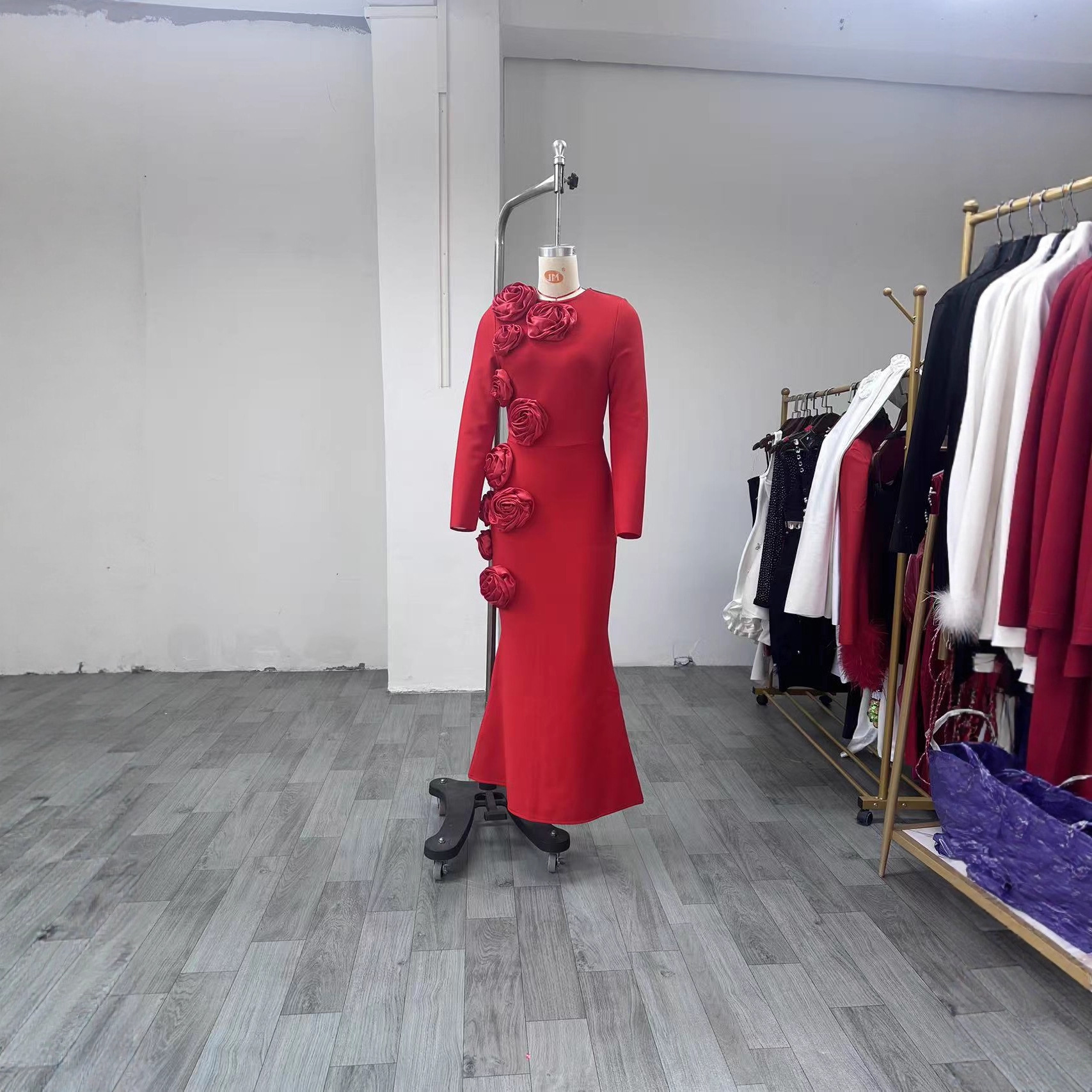 European and American Cross-Border Three-Dimensional Flower Round Neck Long-Sleeved Fishtail Bandage Dress Fashionable and Elegant Bandage Skirt Evening Dress