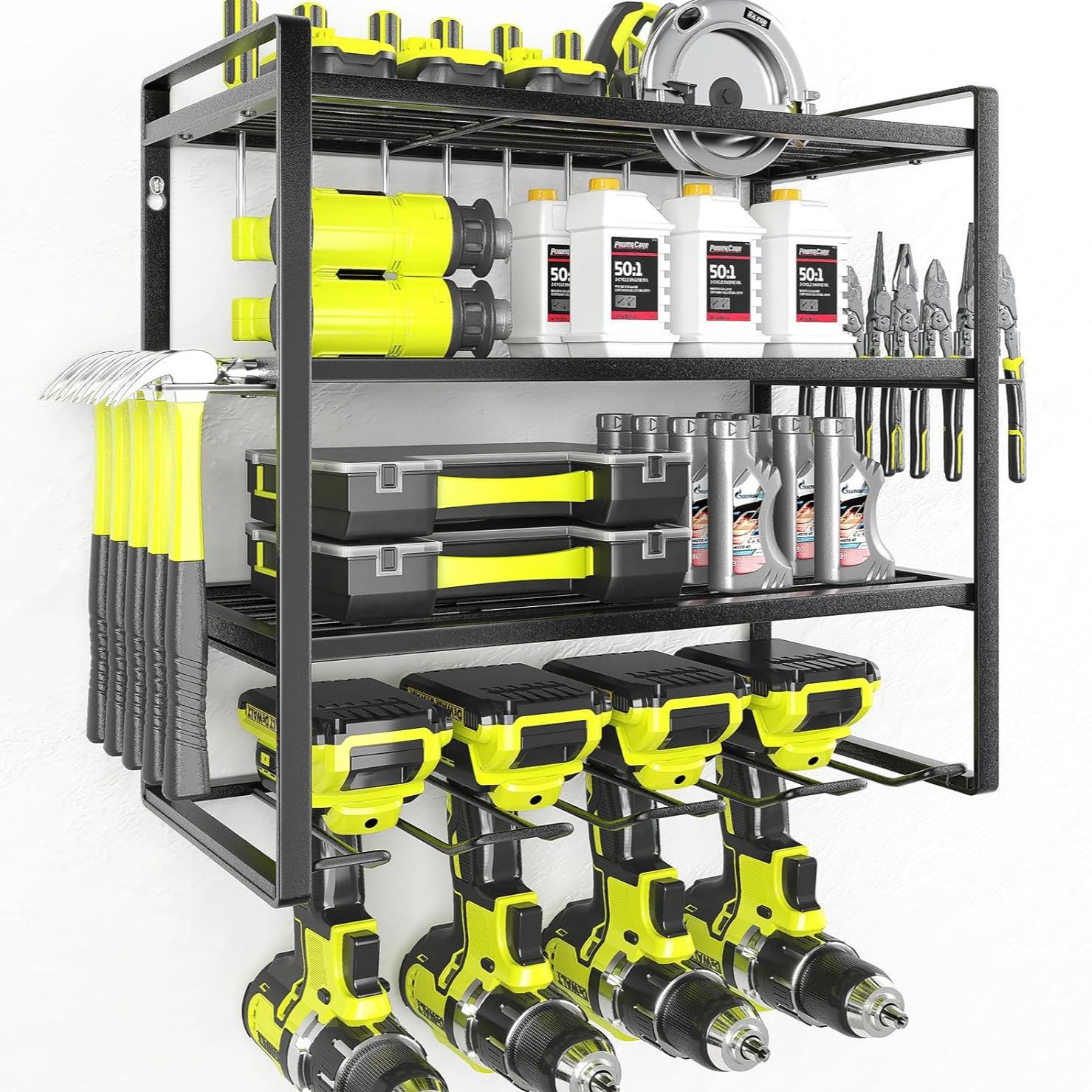 CF pared-mount 4 Tier Garage Tool Holder y estante de herramientas, negro multifuncional