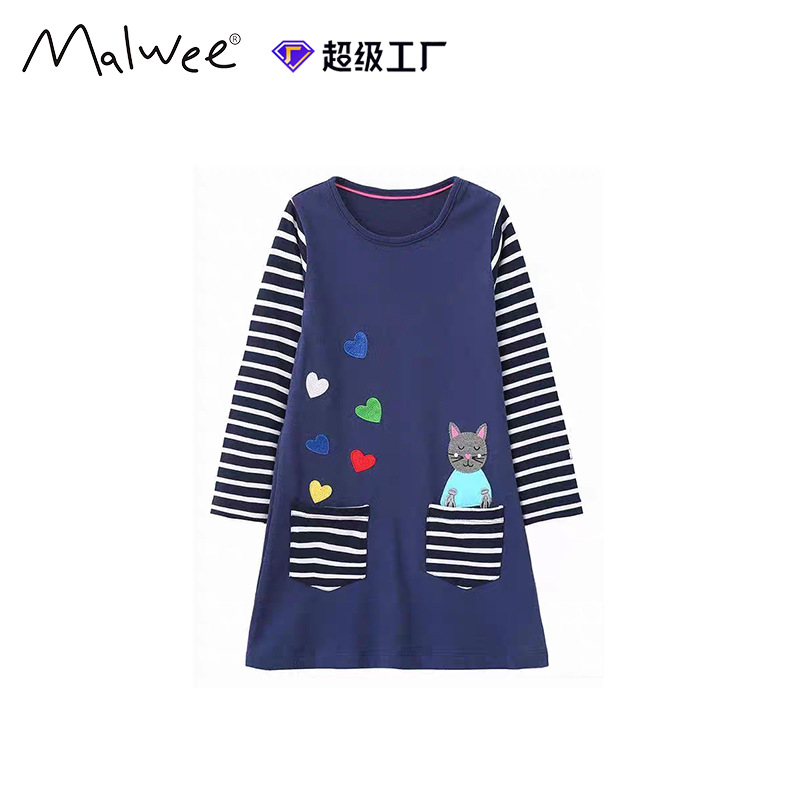 Vestido de niña otoño y invierno nuevo estilo europeo y americano rayas de manga larga vestido de princesa de cuello redondo casual ropa infantil