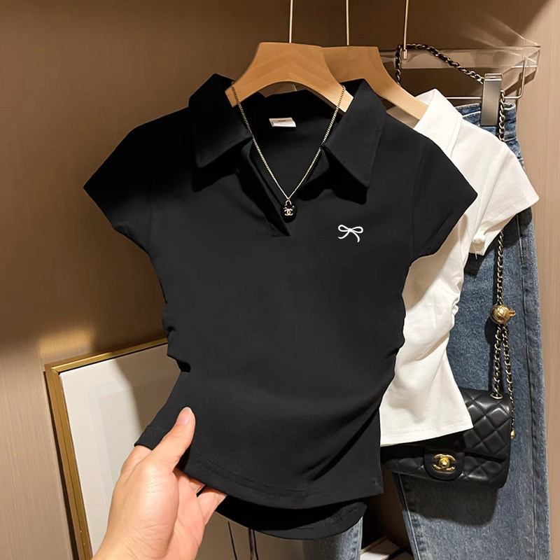 Summer Chic Collared Bow Embroidered Straight Shoulder T-Shirt, Slim Waist Straight Shoulder Dopamine Clothing for Women