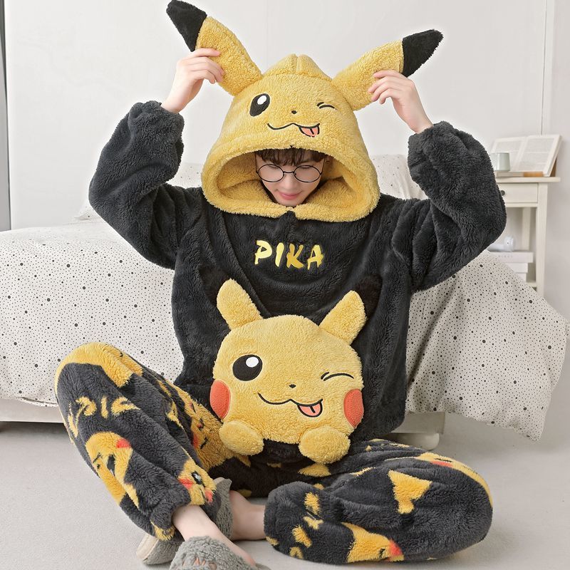 Cross-Border Pajamas for Men in Autumn and Winter Coral Velvet Thickened Warm Youth Hooded Flannel Cartoon Men's Home Clothes