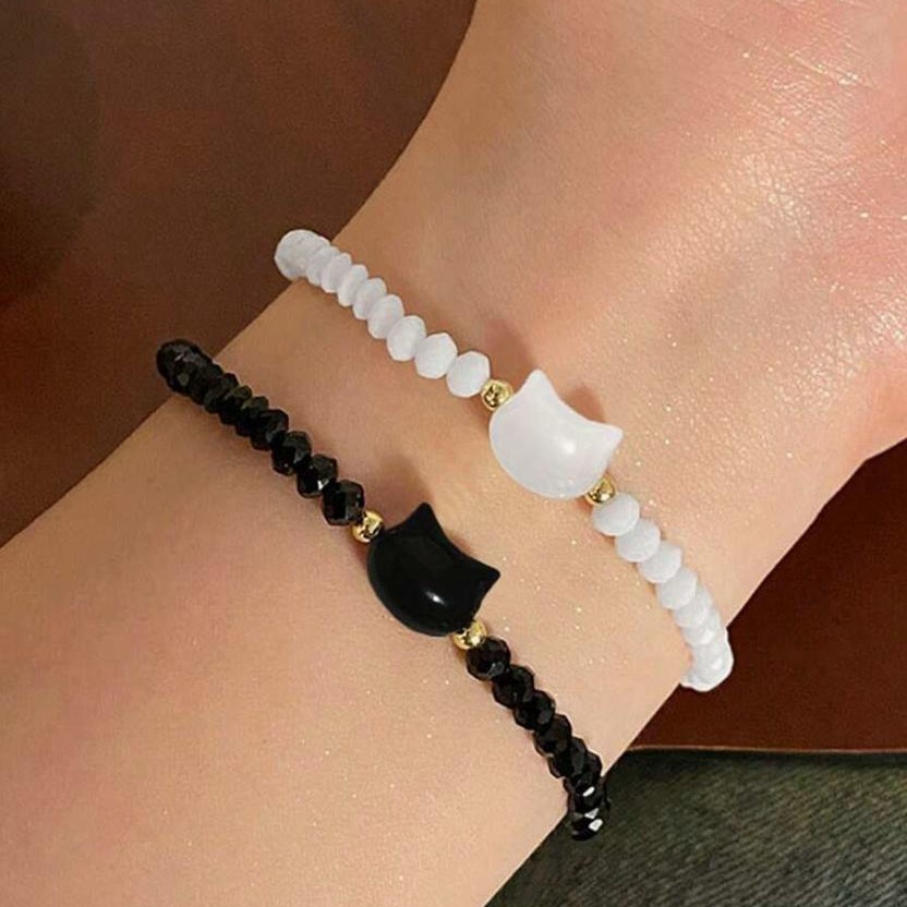 Cross-Border Hot-Selling New Black and White Cat Beaded Bracelet Ultra-Fine Adjustable Crystal Bracelet Bestie Bracelet Gift