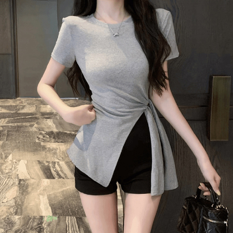 Purely Sexy Short-Sleeved T-Shirt for Women, New Summer Style, Thin, Slim-Fitting, Side-Waist Tie, Slit Mid-Length Top Purely Sexy Short-Sleeved T-Shirt for Women, New Summer Style, Thin, Slim-Fitting, Side-Waist Tie, Slit Mid-Length Top