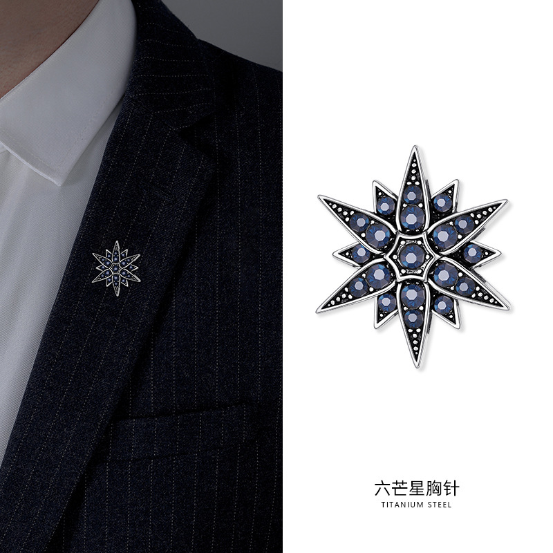 Retro six-pointed star zircon brooch men's high-end suit corsage design sense niche 2023 new pin accessories