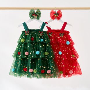New Christmas Dress Star Moon Cake Dress Princess Mesh Puffy Dress Children's Strap dress Holiday Dress