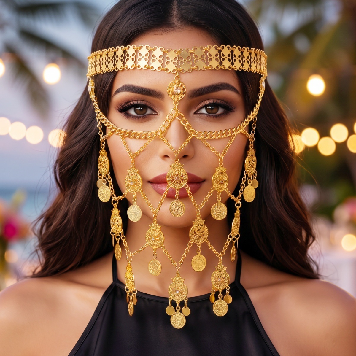 European and American fashion ball masks, exotic cross-border face chains, nightclub bar party performance coin tassel face accessories
