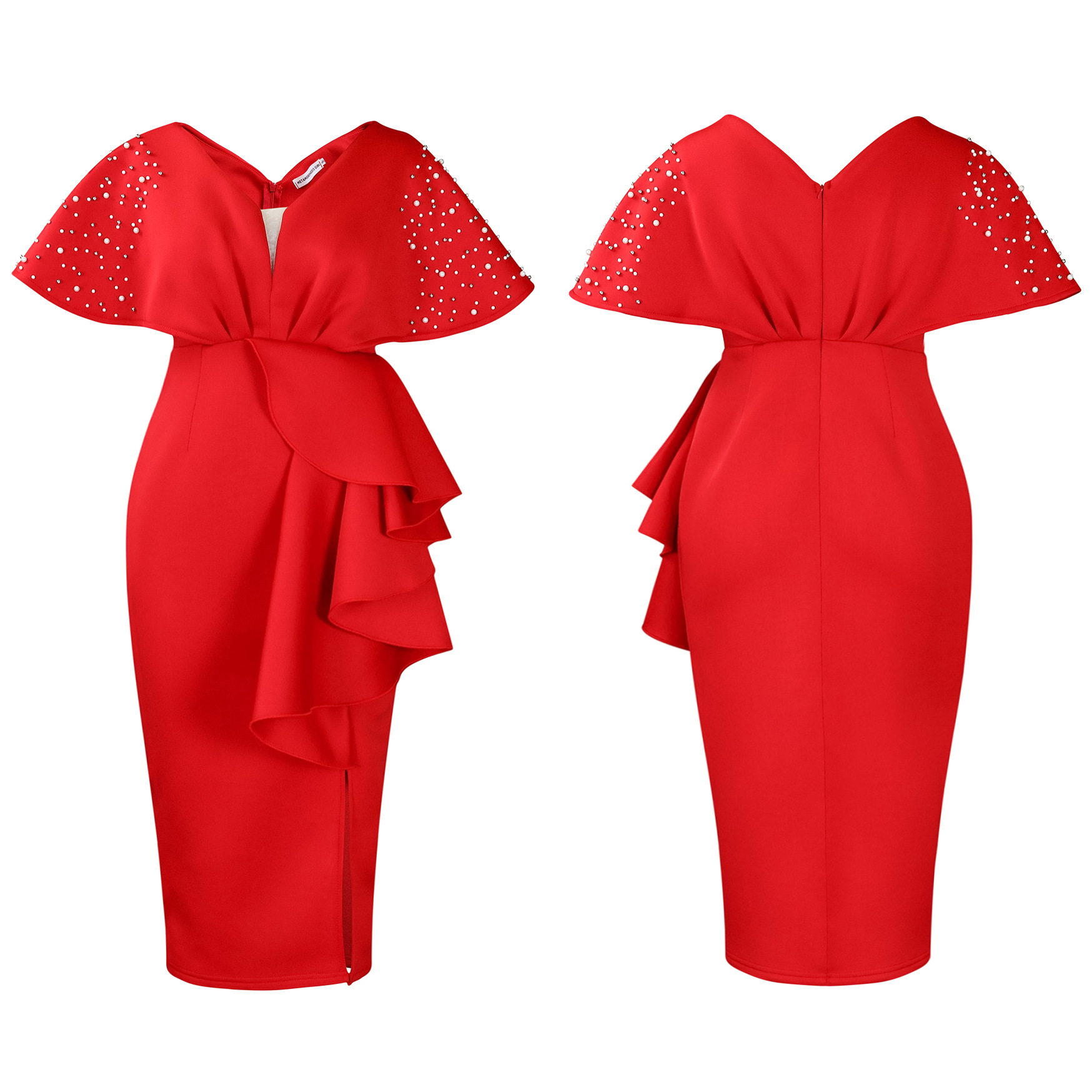Robe de soirée sexy à col en V et à volants avec fente perlée, robe de banquet de tempérament de célébrité_voghion.com