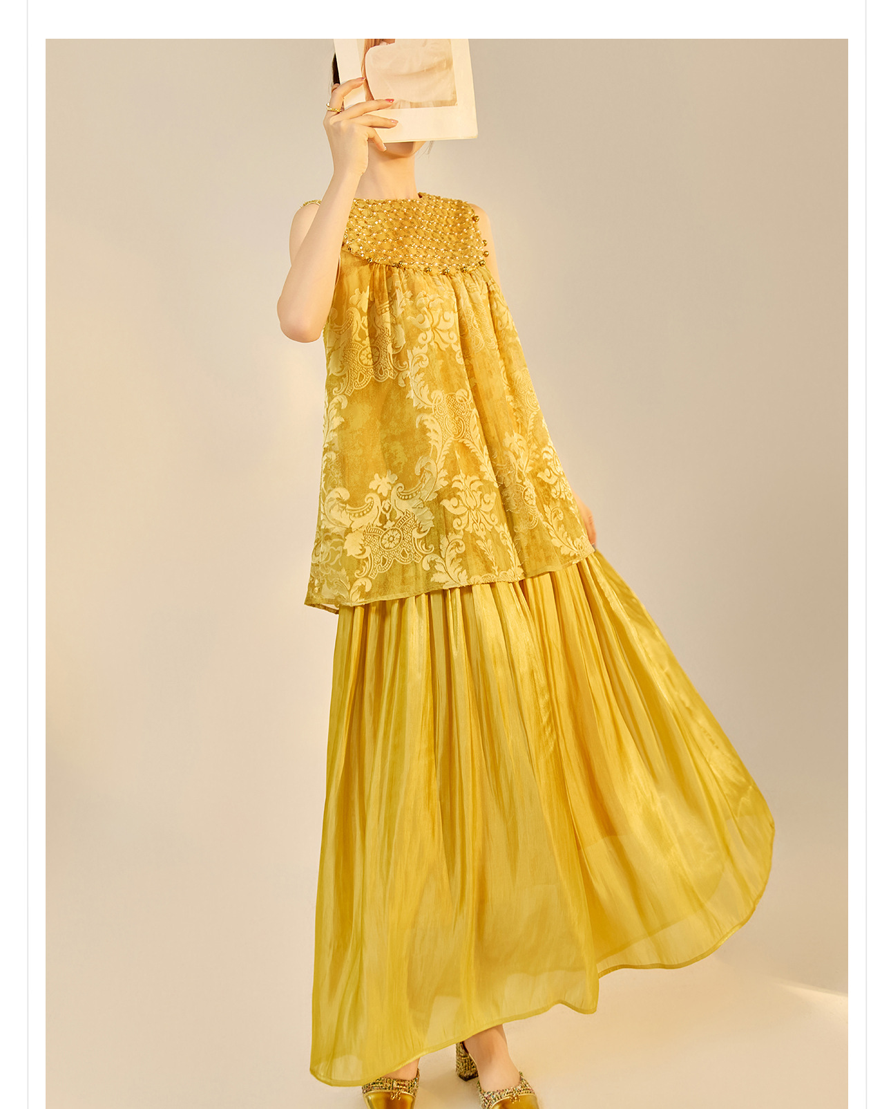 Đầm maxi nữ phong cách Trung Hoa mới, tay không, đính cườm lụa, dáng thắt eo N6041 — màu vàng, xanh lá cây chi tiết 29