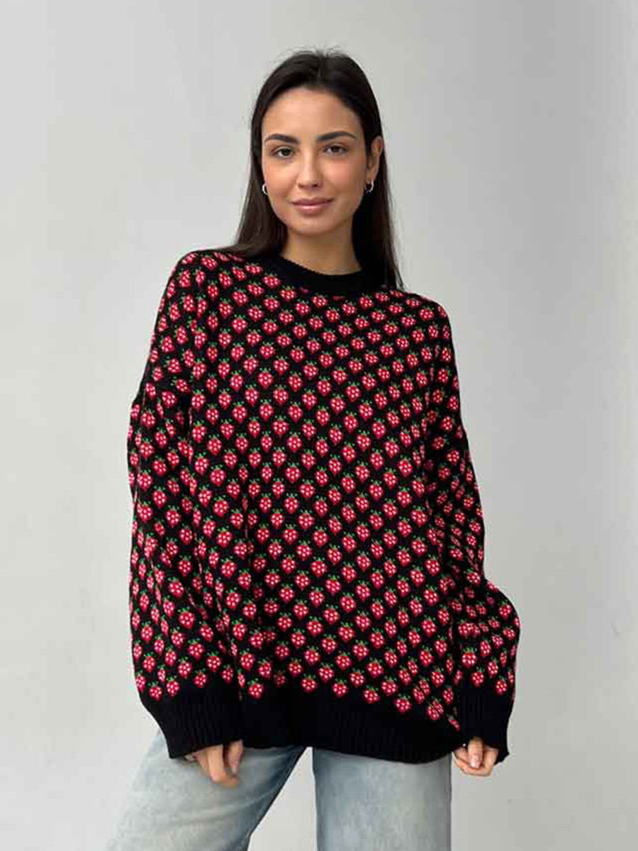 Suéter jacquard de fresa transfronteriza Europa y los Estados Unidos 2025, otoño y invierno nuevo collar redondo jersey suéter de impresión suelta para mujeres image 4