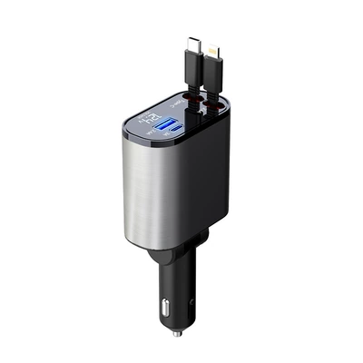 Metal car charger 100W super fast charging car cigarette lighter USB and TYPEC adapter factory direct sales (Mobil şarj cihazları) - metallic-silver-gray-100w-two-wire-telescopic-digital-display-type-c-apple