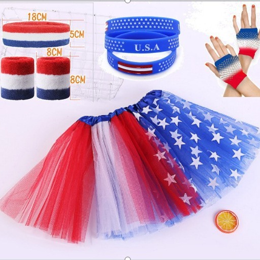 Nuevos accesorios de traje del Día de la Independencia de EE. UU. Falda tutú para adultos, hebilla para el cabello, pulsera, guantes de red, accesorios de vestir