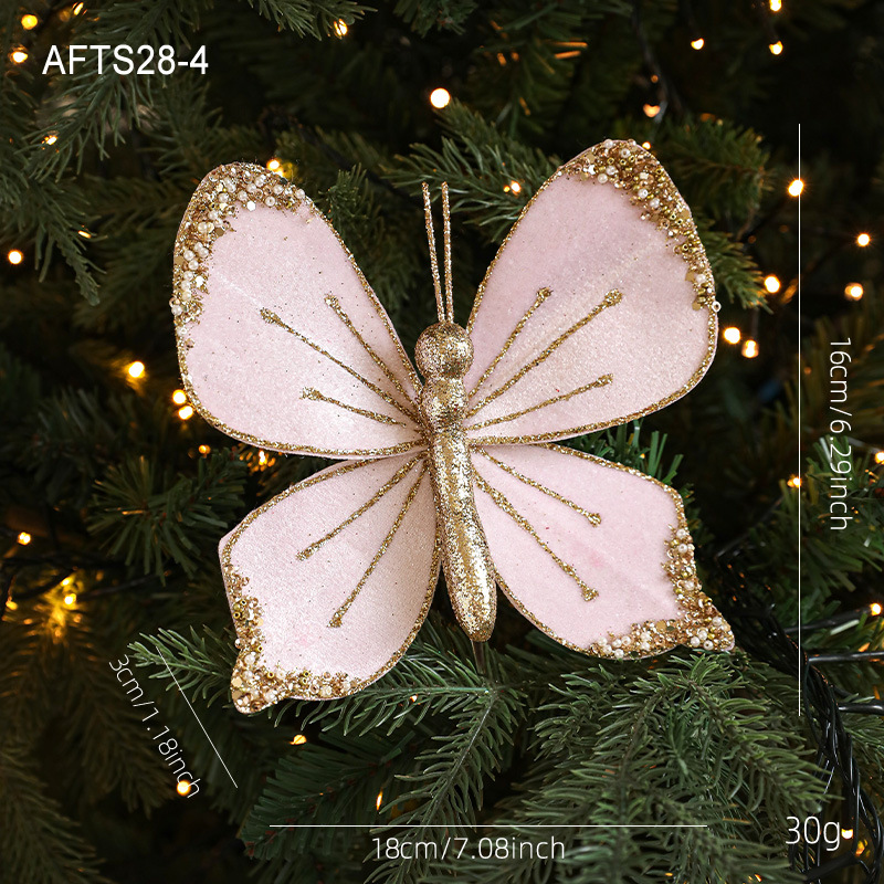 Nuevos productos de tela de alta calidad simulación de clip de arco de mariposa tela de vello polvo flocado árbol de Navidad decoración colgante diseño de escena