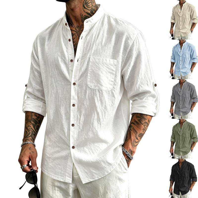 2026 Cross-Border Amazon American-Style Men's Hawaiian-Style Stand-Up Collar Breathable Linen Henley Collar Casual Long-Sleeved Shirt