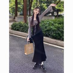 又甜又辣裙子两件套秋季纯欲风辣妹长款收腰开叉包臀挂脖连衣裙女