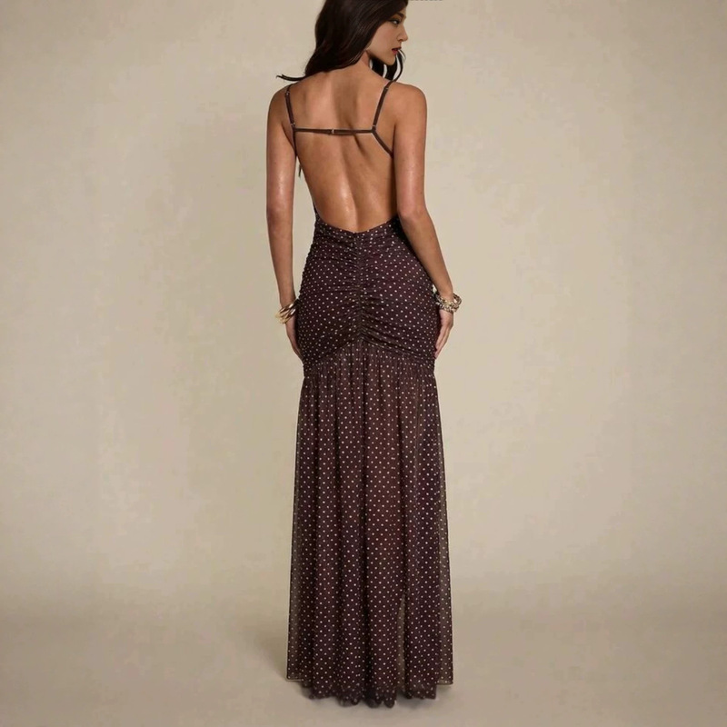 Amazon Cross-Border Polka Dot Mesh Spaghetti Strap Long Dress, Hollow-Out Low Back Ruched Slim Fit Mermaid Foreign Trade Gown