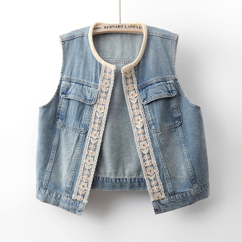2025 Spring and Summer New Fashion Hook Lace Splicing Denim Vest Women's Loose Sleeveless Vest Jacket Top Trendy