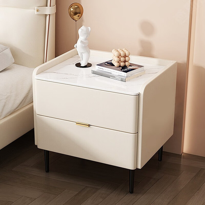 Direct selling cream style solid wood slate light luxury bedside table leather minimalist modern bedroom bedside storage