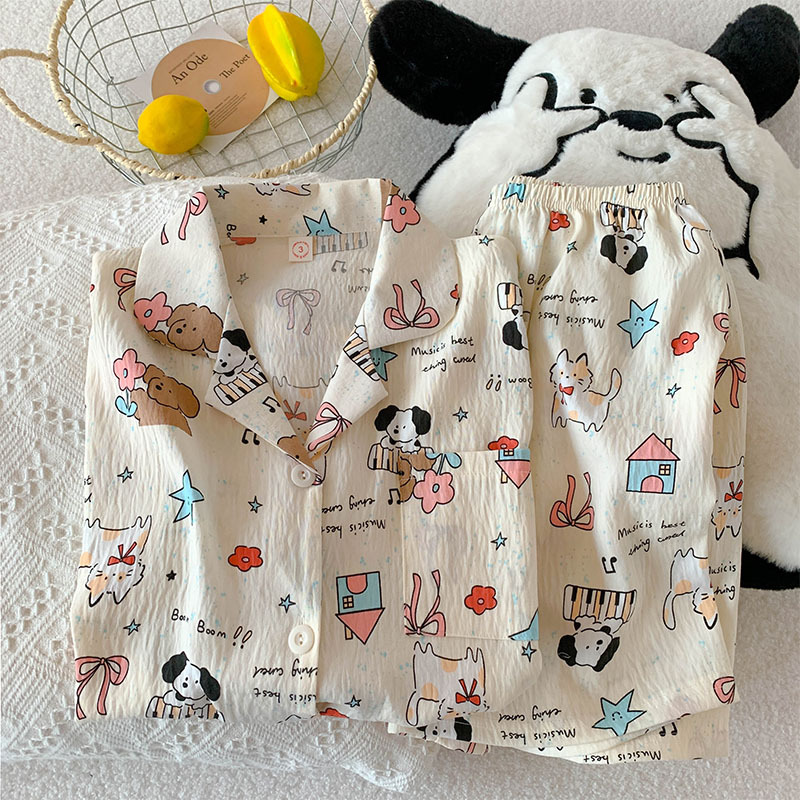 Impresión de dibujos animados nubes de algodón pijama de mujer verano nuevo suelto delgado pareja ropa de hogar de mangas cortas pantalones cortos dos piezas
