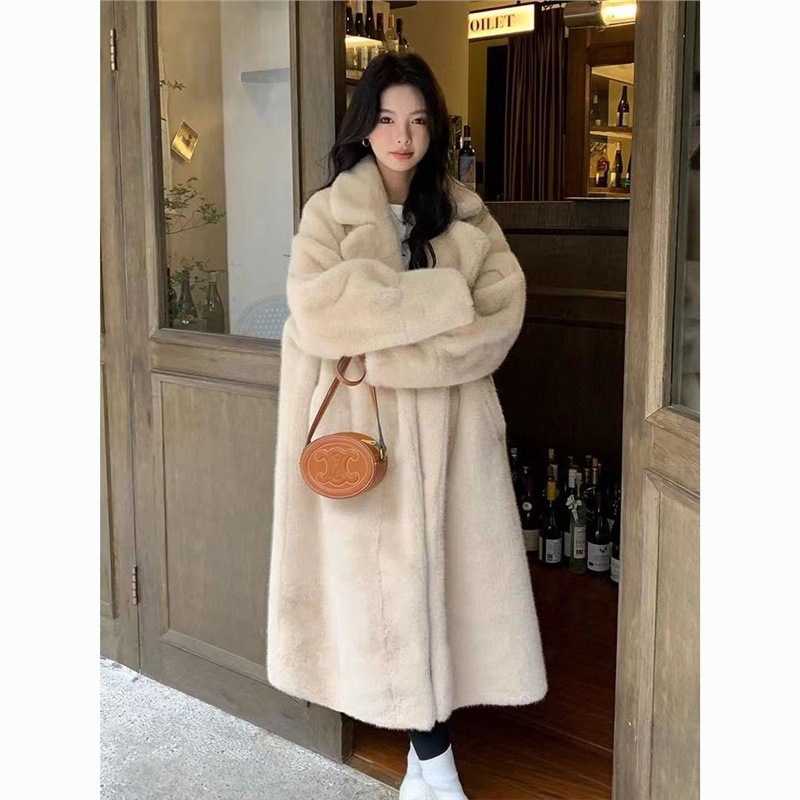 环保2025美拉德皮草秋冬仿兔毛长款加厚西服领宽松毛毛外套大衣
