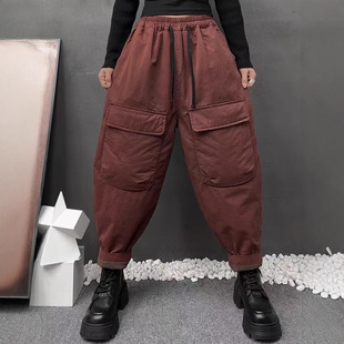 2024 Winter Korean Style Loose Distinctive Large Pocket Loose Waist Cotton Warm Harlan Pants All-match Casual Cotton Pants for Women