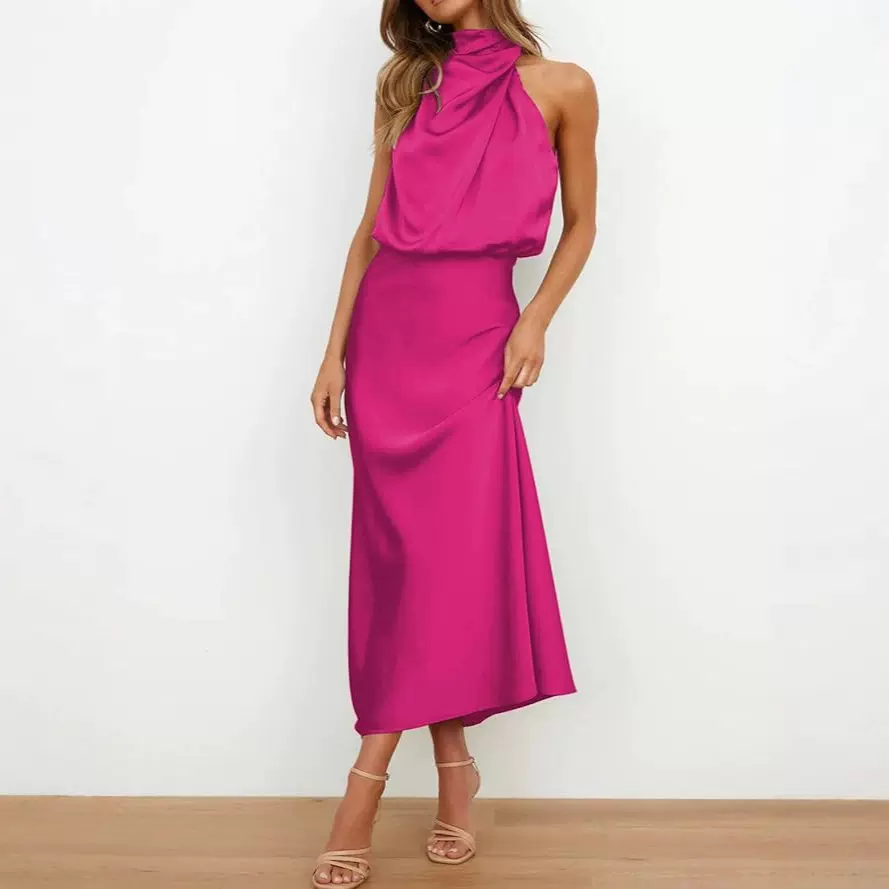 跨境外贸2025春夏新款高级感缎面无袖连衣裙时尚优雅气质轻晚礼裙