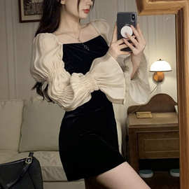 法式气质名媛抹胸小黑裙女轻奢泡泡袖小礼裙甜辣风性感显瘦连衣裙