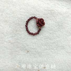 朱砂石榴石玫瑰花戒指紫金砂戒指指环简约时尚朱砂配饰编织转运珠