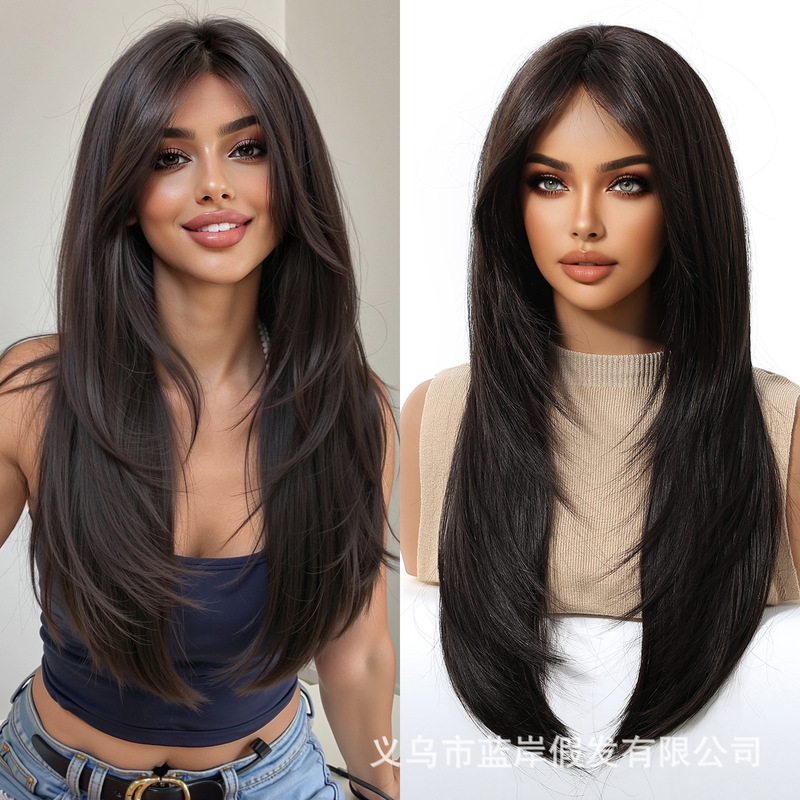 New Hot-Selling Wig for Women, Daily Korean Style Cold Brown Long Straight Hair, Gentle and Sweet Face-Shaping and Age-Reducing Full Headgear