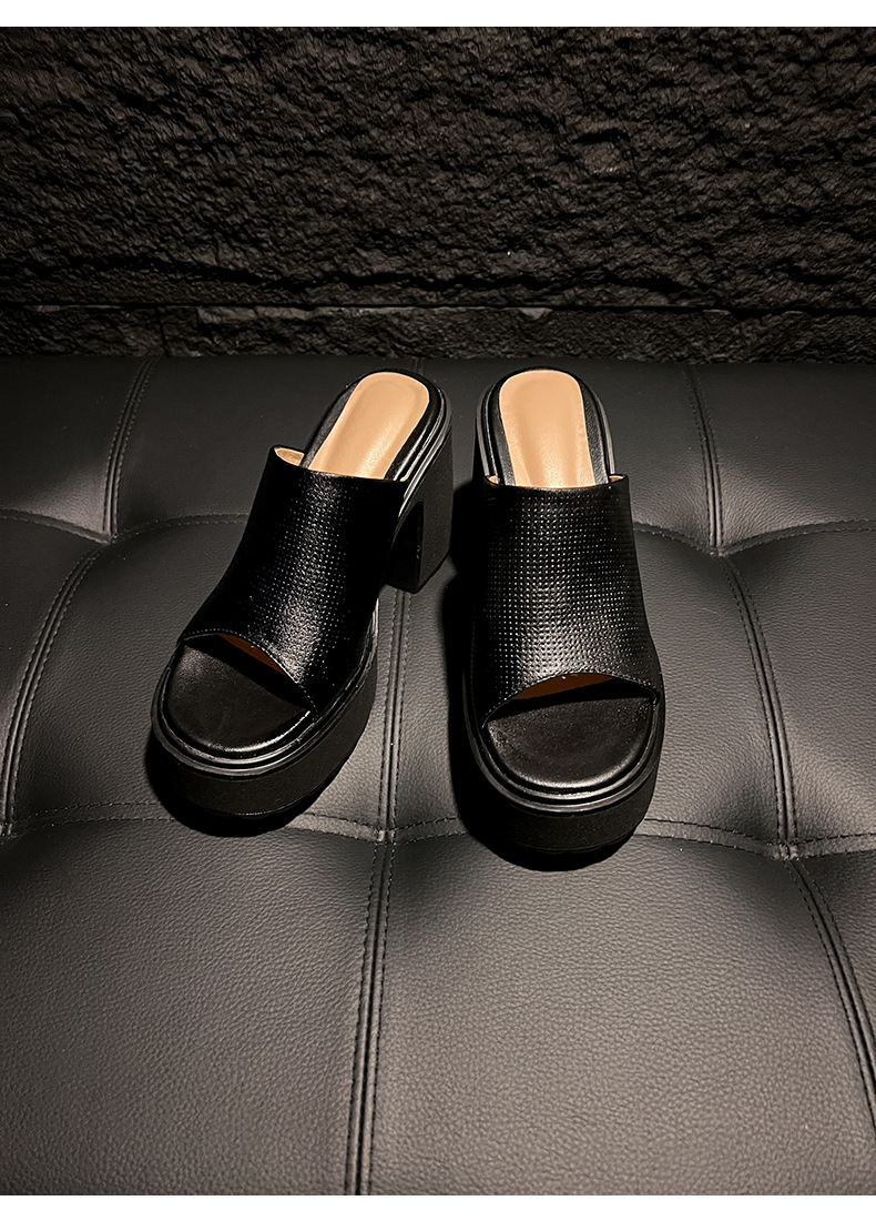 Sandal cao gót nữ hở mũi quai ngang đế xuồng gót vuông 9 cm — màu đen, màu vàng, bạc chi tiết 18