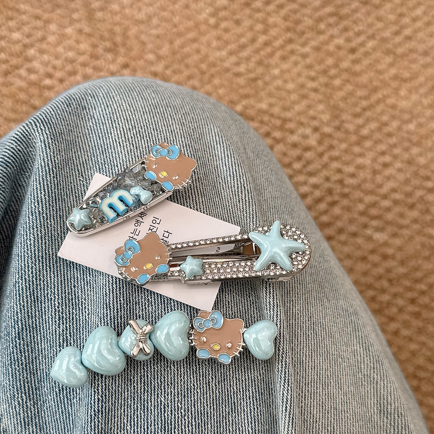 韩系蓝色kt猫咪闪钻发夹少女心爱心侧边夹气质百搭刘海夹鸭嘴夹