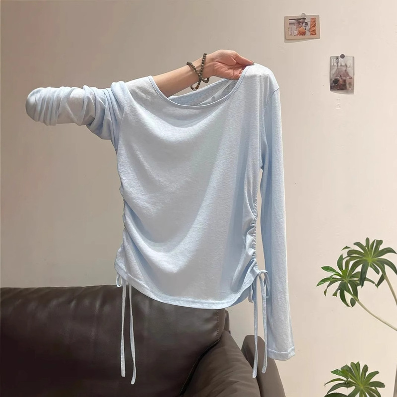 Light Blue Cool Sun Protection Blouse Pleated Slim T-Shirt for Women 2025 Summer New Style Waist Slimming Slightly See-Through Top