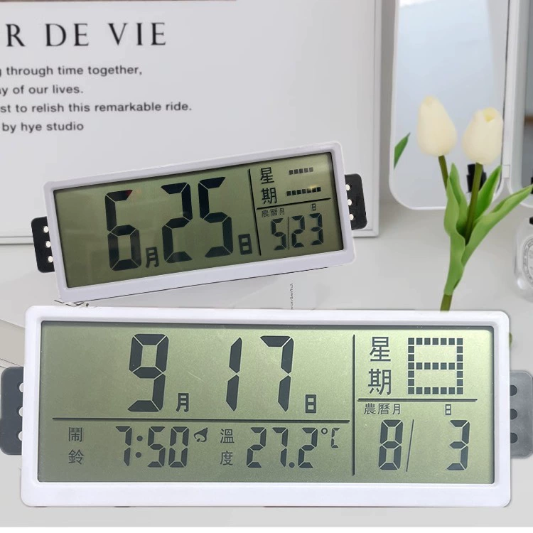 Calendário eletrônico multifuncional, display LCD, acessórios de quartzo
