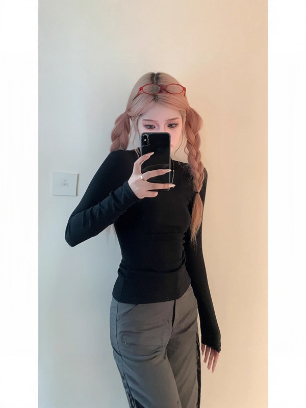 藏青色长袖t恤女2025秋季圆领显瘦修身设计感高级小众紧身短上衣|undefined