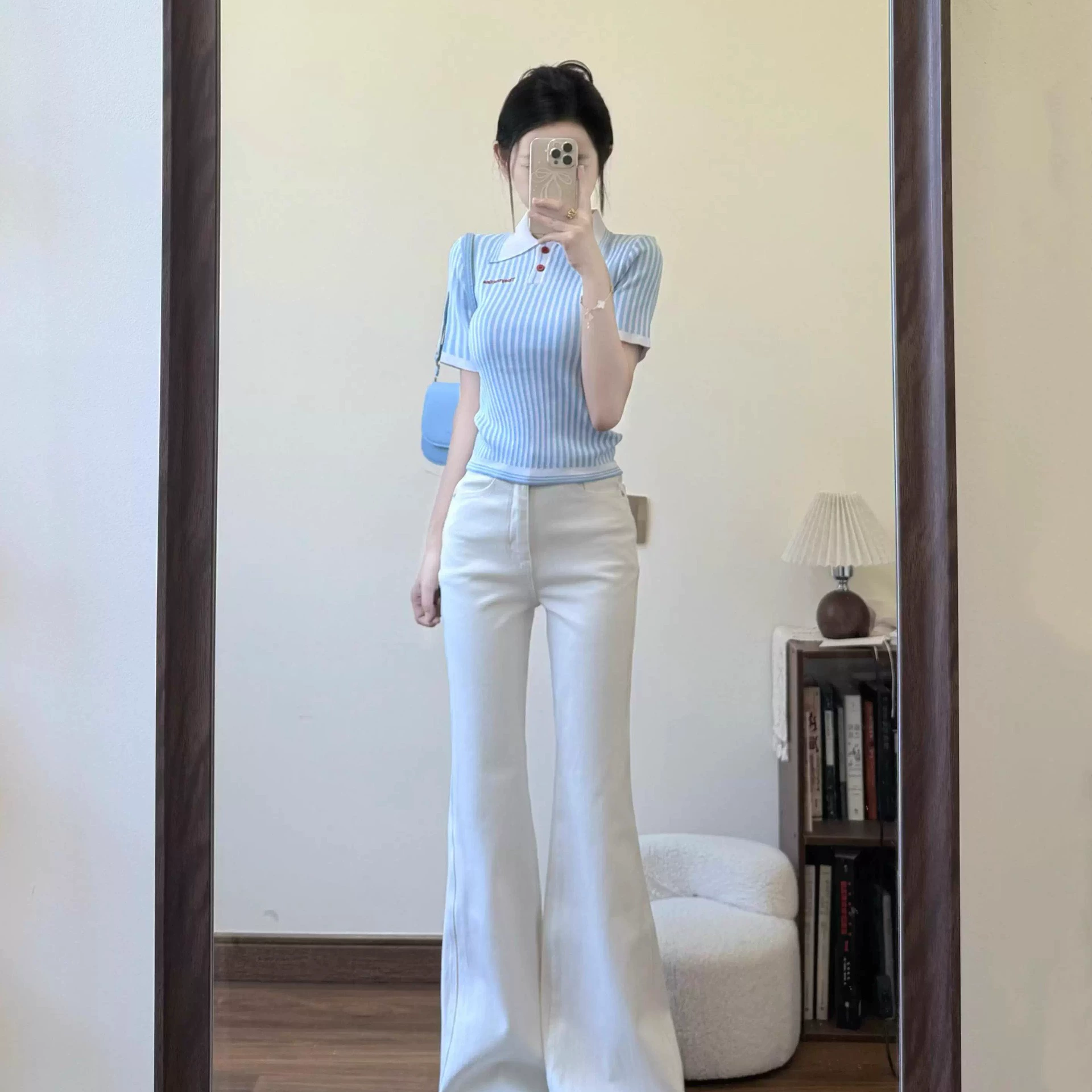 蓝色竖条纹polo领短袖t恤女夏季学院风休闲修身短款套头针织上衣