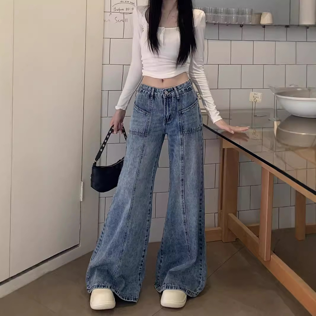 블루 플레어 청바지 여자 2025 년 봄과 가을 느슨한 슬림 넓은 다리 바지 레트로 하이 웨이스트 올 매치 걸레 바지