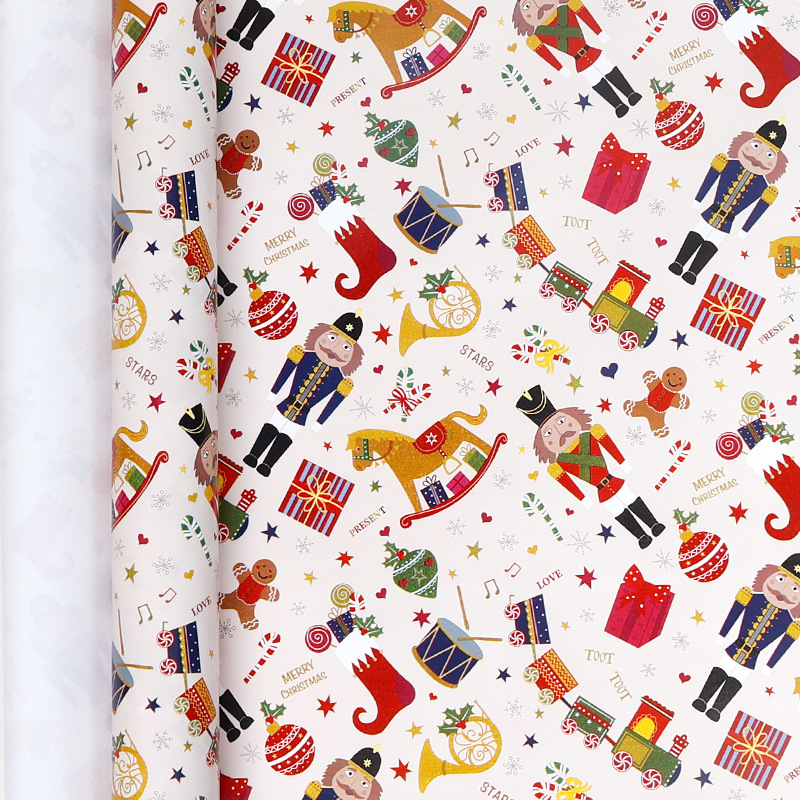 Amazon venta caliente super volumen de papel de embalaje de regalos de Navidad soldados Lollipop multicolor ciervo papel de embalaje de rollo