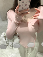 纯欲性感v领弧形修身短款长袖t恤女春秋季辣妹心机低领打底衫上衣