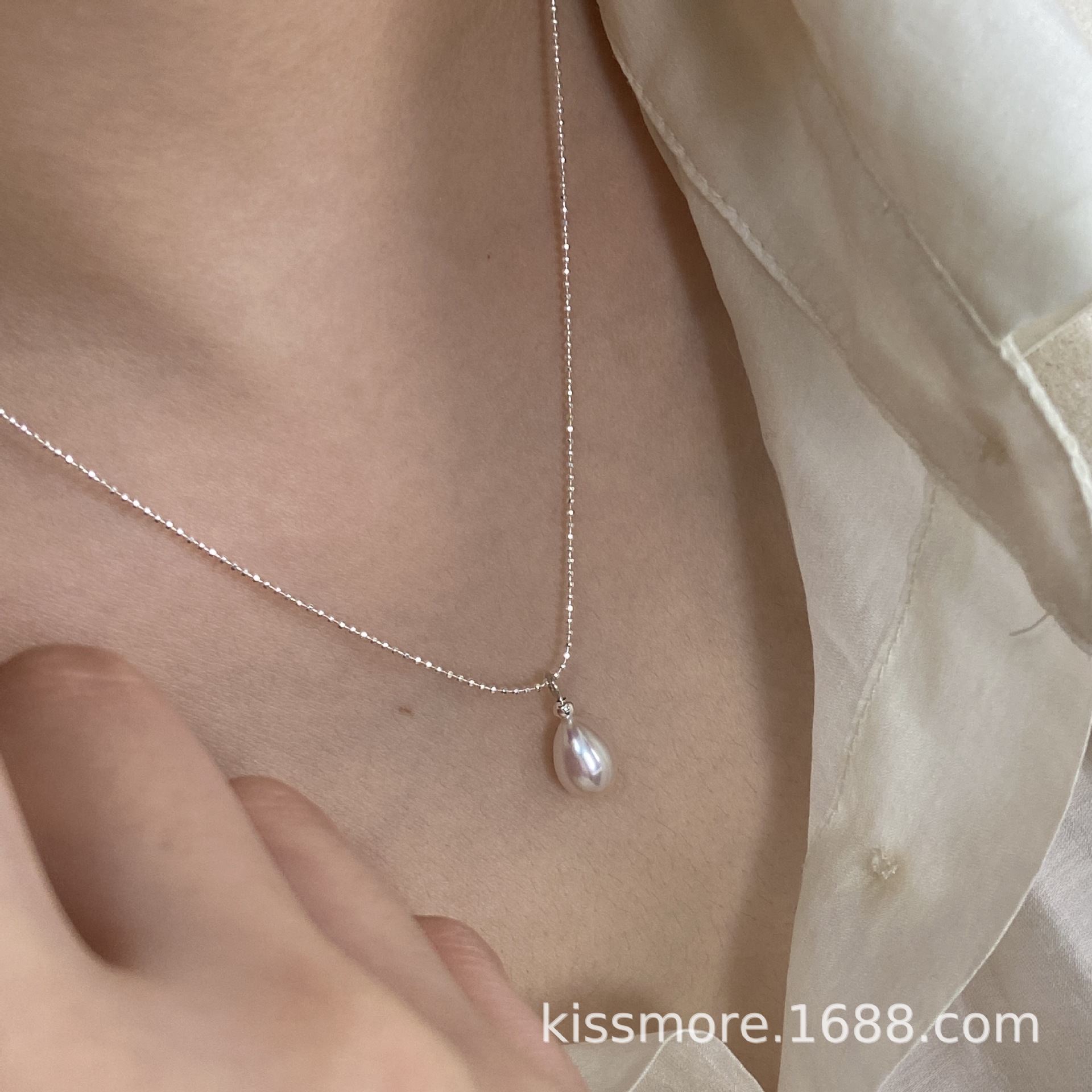 水滴形单颗珍珠纯银闪豆项链6.jpg